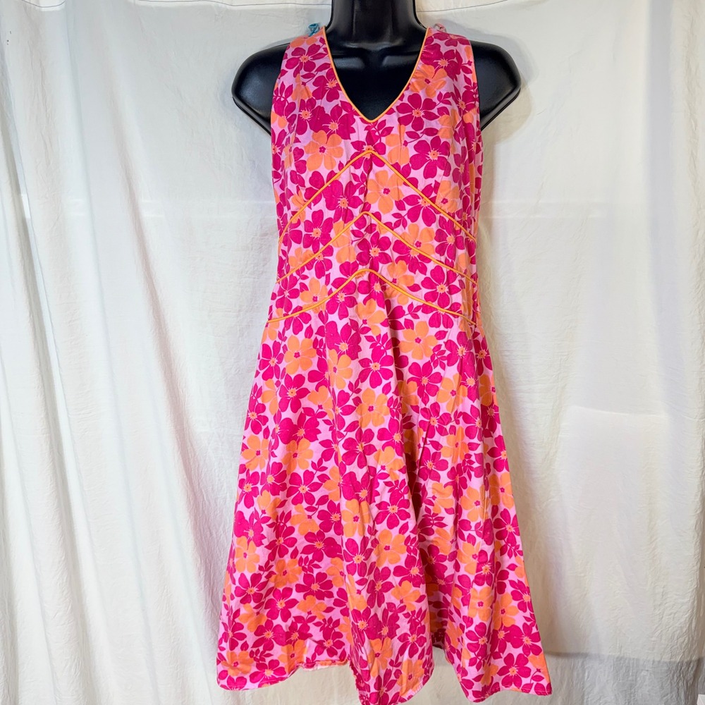 AGB Dress Halter Midi 10 Pink Orange Floral V-Neck A-Line Summer Sun Dress
